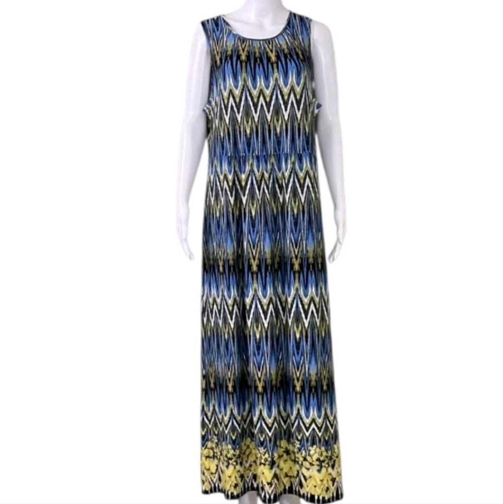 J. Jill Wearever Collection Maxi Dress Blue Ikat Stretch Sleeveless Sz XS Travel